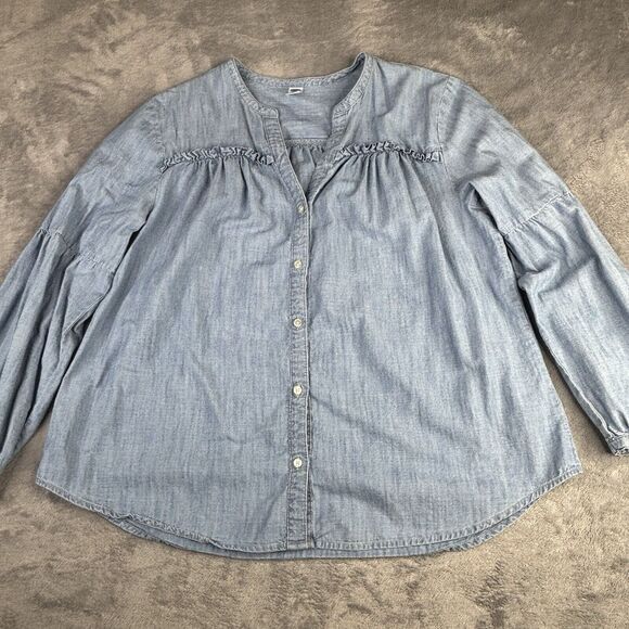 Old Navy Shirt Womens XL Blue Chambray‎ Smocked Long Sleeve Blouse Button Up - Picture 1 of 14